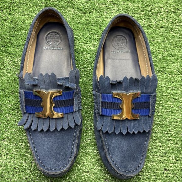 TORY BURCH-AUTHENTIC-Women's Gemini Link Navy Sea Suede Driver Loafer-Size 5.5 - Picture 1 of 9
